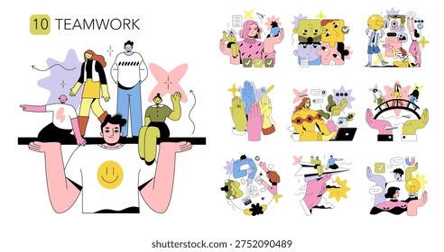 Vector illustration depicting teamwork and collaboration with diverse characters engaging in creative activities. Colorful design emphasizes unity and cooperation through various tasks.