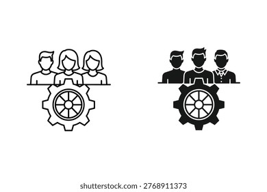 Vector illustration depicting teamwork and collaboration with stylized figures of people above a gear mechanism. Suitable for business, corporate, and operational concepts.