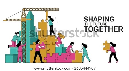 Vector illustration depicting teamwork and collaboration. Diverse figures work together, using a crane and puzzle pieces to build a structure, symbolizing project development 