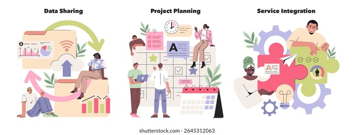 Ilustração vetorial representando conceitos de trabalho em equipe. Pessoas envolvidas no compartilhamento de dados, no planejamento de projetos e na integração de serviços mostrados por meio de atividades colaborativas e comunicação.