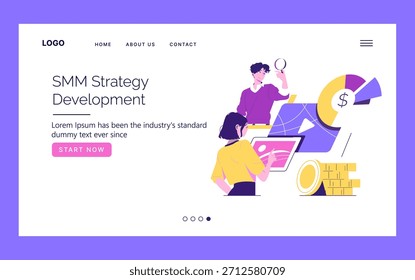 Vector illustration depicting teamwork in social media marketing strategy development. Two individuals collaborate using digital tools and data visuals to strategize effectively.