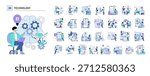 Vector illustration depicting technology and AI with a person interacting with robotic elements and gears. Includes 30 scenes of various technology-related activities and interactions.