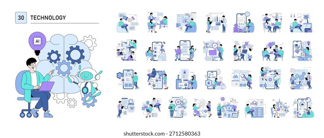 Vector illustration depicting technology and AI with a person interacting with robotic elements and gears. Includes 30 scenes of various technology-related activities and interactions.