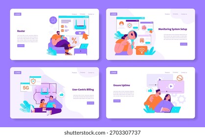Ilustración vectorial que muestra las soluciones tecnológicas con personas que participan en actividades como la configuración de sistemas de monitoreo, la gestión de la facturación y la garantía del tiempo de actividad. Ideal para contextos empresariales modernos.