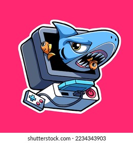 vector illustration depicting a television and game console with a shark and some fish coming out of it