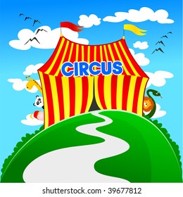 Vector illustration depicting the tent of a circus, while the tamer animals and peering from behind