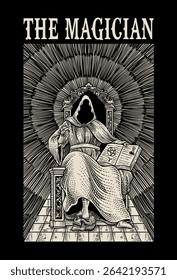 A vector illustration depicting "The Magician" tarot card archetype, featuring a hooded figure seated on a throne with mystical symbols and radiating energy lines.