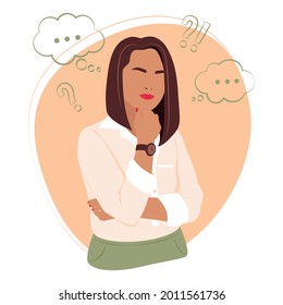 Vector illustration depicting a thinking girl. flat stock illustration. girl thinks. girl's thoughts. Image for social networks 