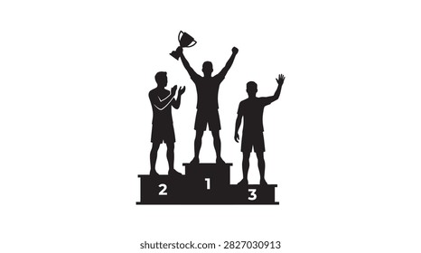 A vector illustration depicting three athletes standing on a podium with numbers one, two, and three, presented as a black
