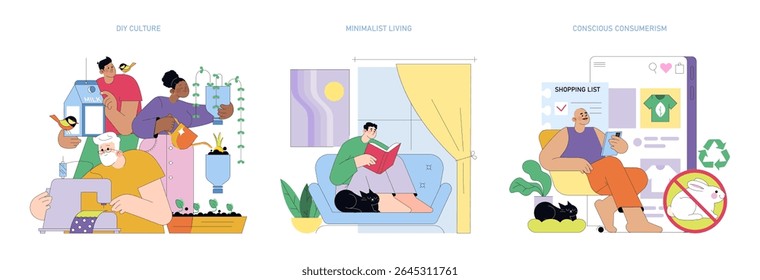 Vector illustration depicting three concepts. DIY culture shows people gardening and sewing. Minimalist living features someone reading with a pet. Conscious consumerism shows online ethical shopping.