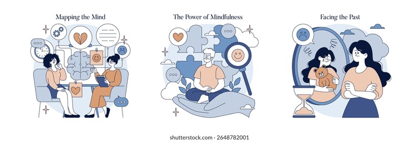 Vector illustration depicting three concepts: therapy session discussing mental health, meditation practice enhancing mindfulness, and confronting past emotions. Each scene emphasizes personal growth.