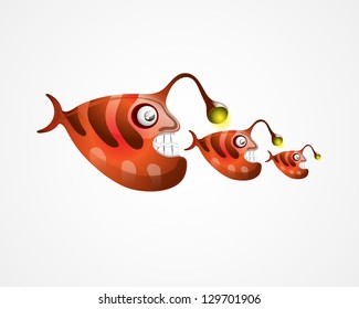 Vector illustration depicting three deep-sea fish, hunt each other