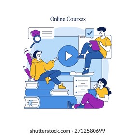 Ilustración vectorial que representa a tres personas que participan en cursos en línea. Interactúan con el contenido digital en los dispositivos mientras están rodeados de Elementos educativos, simbolizando el aprendizaje electrónico.