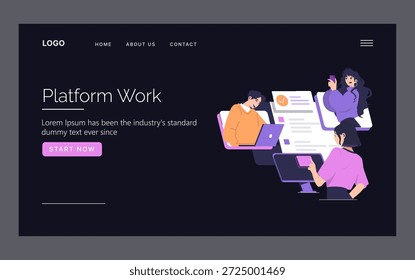Ilustração vetorial que representa três indivíduos que participam do trabalho em equipe em uma plataforma digital. Eles interagem com dispositivos e gráficos, simbolizando colaboração e gerenciamento de projetos.