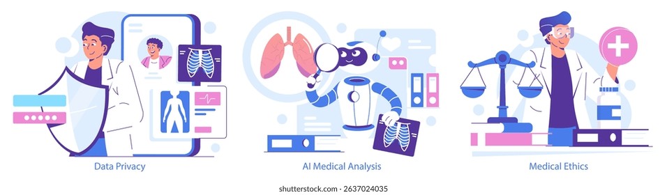 Vector illustration depicting three key aspects of modern healthcare: data privacy, AI medical analysis, and medical ethics. Professionals and AI work together to enhance patient care.