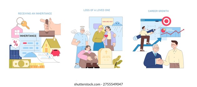 Vector illustration depicting three life events: receiving an inheritance with legal documents, experiencing the loss of a loved one with emotional support, and career growth with a handshake.
