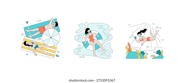 Vector illustration depicting three people enjoying summer activities. One person suntans on a beach towel, another floats in a pool, and a third person snorkels underwater.