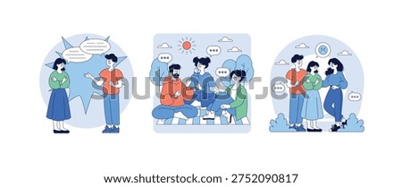 Vector illustration depicting three scenarios of group communication and emotions. Includes dialogue, interaction, and expressions of emotions, highlighting communication dynamics and human connection