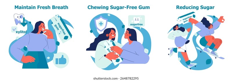 Vector illustration depicting three scenes promoting oral health and sugar reduction. Features include chewing sugar-free gum, maintaining fresh breath with xylitol, and active lifestyle benefits.