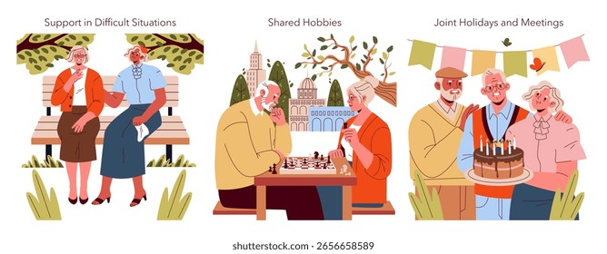 Vector illustration depicting three scenes of elderly friendships. One shows emotional support on a bench, another displays chess as a shared hobby, and the last features a joyful birthday celebration
