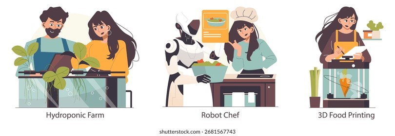 Vector illustration depicting three scenes: a couple working with hydroponic plants, a robot assisting a chef in meal preparation, and a person operating 3D food printing technology.