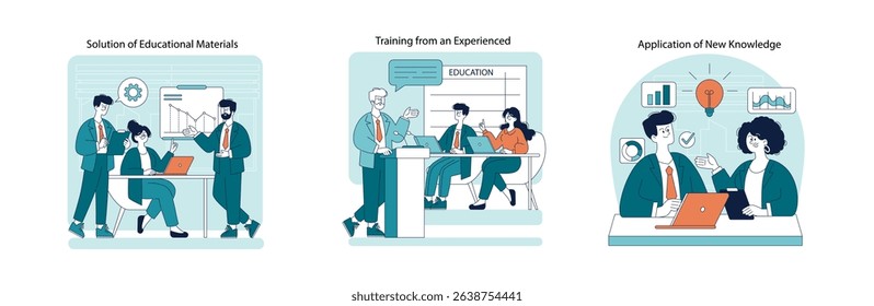 Vector illustration depicting three stages of education: solving educational tasks, receiving training from an instructor, and applying new knowledge using technology in a collaborative setting.
