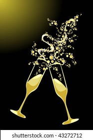 Vector illustration depicting a toast of two glasses, surrounded by bubbles on a black background