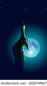 vector illustration depicting a tower on a rock against a background of the night sky and a blue planet for printing on postcards, clothing, banners, as well as for interior decoration, illustrations 