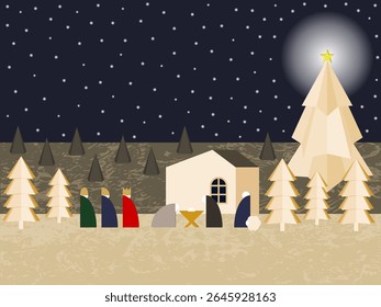Vector Illustration Depicting Traditional Christmas Nativity Scene at Night. Image Features Holy Family Alongside Three Wise Men and 
Shepherd Gathered Outside Humble House.