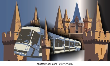 Vector illustration depicting travel. The meeting of the Middle Ages and the future. A train leaving the castle gate. A train between the towers of the castle. Futuristic composition. Summer, travel, 