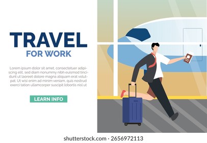 A vector illustration depicting travel for work, featuring a professional preparing to depart from an airport with a suitcase and various travel incidents.