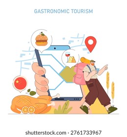 Vector illustration depicting a traveler using a smartphone map with food icons, representing gastronomic tourism. The traveler is engaged and excited about exploring culinary destinations.