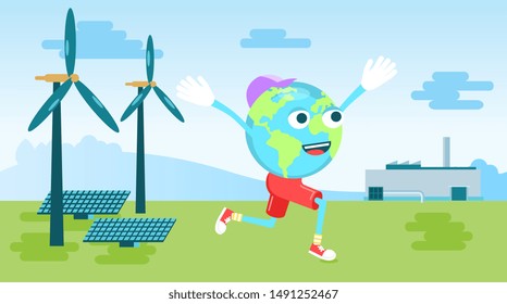 Vector illustration depicting the triumph of green energy. Happy country. Global warming