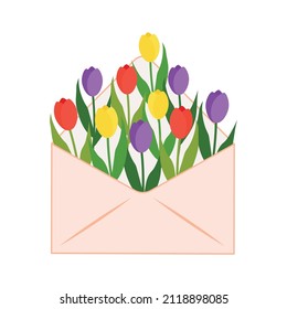 Vector illustration depicting tulips in an envelope. Clip-art on a transparent background.