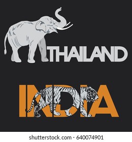 Vector illustration depicting two animals, national symbols of India and Thailand