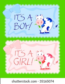 Vector illustration depicting two backgrounds to celebrate the birth of a baby or child, decorated with colored flakes and cows