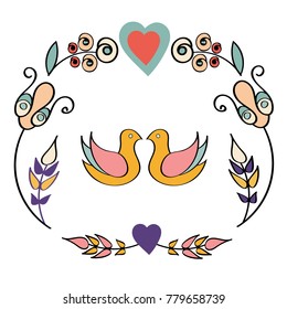 Vector illustration. Depicting two birds in a frame of flowers and leaves. A sweet couple