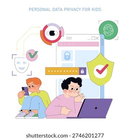 Vector illustration depicting two children using digital devices, surrounded by icons representing data privacy. The image highlights concepts like encryption, security, and safe browsing.