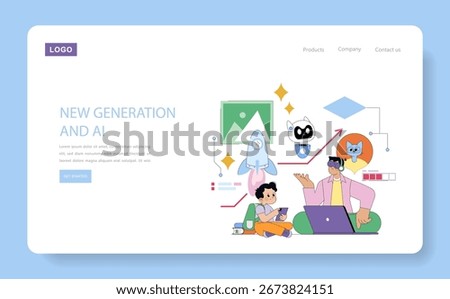 Vector illustration depicting two children engaged in digital learning, surrounded by AI and technology icons, showcasing the concept of a new generation adapting to AI tools.