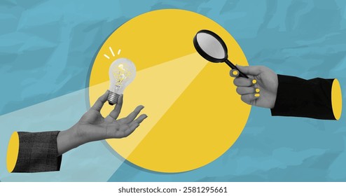 A vector illustration depicting two hands exchanging a light bulb and a magnifying glass, symbolizing innovation and discovery, suitable for creativity and brainstorming concepts.