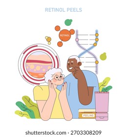 Ilustração vetorial representando dois indivíduos felizes discutindo cascas de retinol com uma fita de DNA, diagrama de pele e produtos cosméticos. A cena destaca cuidados com a pele e o rejuvenescimento.