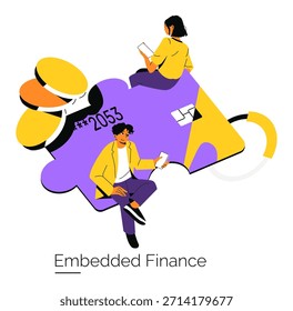 Vector illustration depicting two individuals interacting with digital devices on a giant credit card puzzle piece. Concept emphasizes modern embedded finance technology and connectivity.
