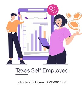 Ilustración vectorial que representa a dos individuos que administran impuestos de trabajadores autónomos. Una persona sostiene un teléfono cerca de un gráfico, mientras que otro lanza monedas, destacando la planificación financiera.