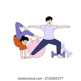 Ilustración vectorial que representa a dos personas que participan en ejercicios de yoga y fitness. Una persona se pone de pie mientras la otra se equilibra con los brazos extendidos. El equipo de ejercicio es visible.