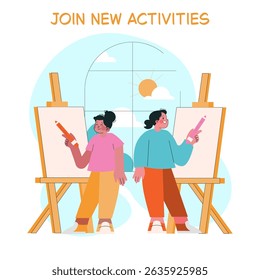 Vector illustration depicting two kids holding pencils, smiling as they stand in front of easels ready to create art. The scene promotes creativity and fun in art education.