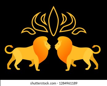 Vector illustration depicting two lions opposite each other. Lions on a black background with a pattern above them. Lion with a rounded tail.