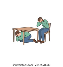 A vector illustration depicting two men in a state of panic or emergency. One man is crouched under a wooden table, protecting his head with his hands, while the other sits on a chair nearby, also holding his head in distress. This image represents earthquake safety protocols, disaster preparedness, and the emotional impact of a crisis.