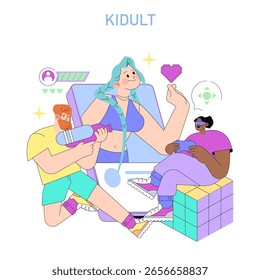 Ilustração vetorial representando duas pessoas desfrutando de atividades de lazer, com expressões lúdicas e relaxadas, enfatizando o conceito de "rim", misturando a vida adulta com a diversão infantil.