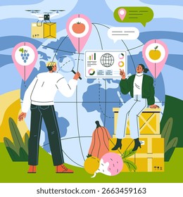 Vektorgrafik, die zwei Personen darstellt, die mit landwirtschaftlichen Daten auf einer globalen Karte interagieren. Sie nutzen Werkzeuge, um landwirtschaftliche Trends, Symbole und Logistik zu analysieren und zu diskutieren.