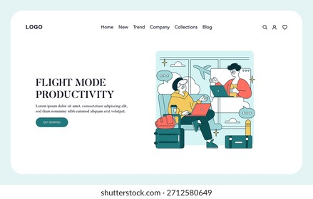 Vector illustration depicting two people using laptops in an airport lounge. Conversations take place against a backdrop of airport windows with airplanes visible outside.